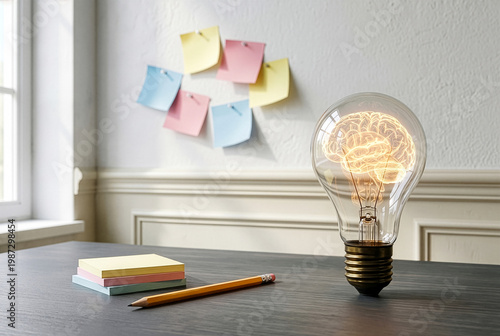 Modern professional workspace with financial data analysis on laptop and creative brainstorming tools in minimalist office.