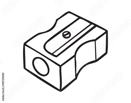 Portable pencil sharpener illustration. Singlehole metal sharpener used for pencil sharpening tasks. Illustration depicting manual metal sharpener with one opening for pencil care and education
