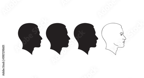 Succession of human head silhouettes from solid black profile to thin line art drawing representing mind transition ideas.