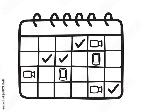 Planning schedule overview. Editorial calendar with icons and marks. Content planning chart with media and checks. Media and task schedule with checkmarks for creators and marketers