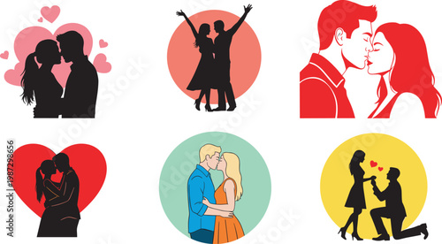 Detailed flat vector illustration collection of romantic couples featuring kissing silhouettes, marriage proposals