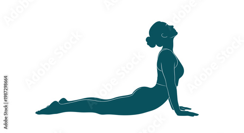 Graceful silhouette of a woman demonstrating an upward-facing dog yoga pose, promoting physical strength and mental well-being