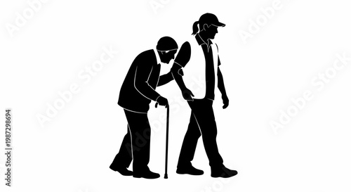 Assistance for the elderly A silhouette of a caregiver helping an older person with a cane