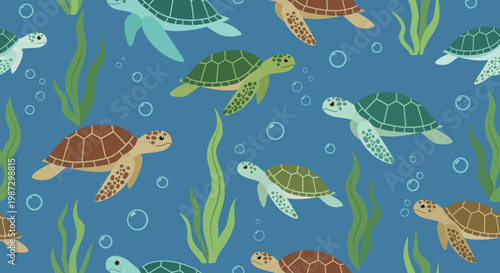 Vibrant Seamless Pattern Featuring Cute Cartoon Sea Turtles Swimming in an Underwater Ocean Environment with Green Seaweed and Bubbles
