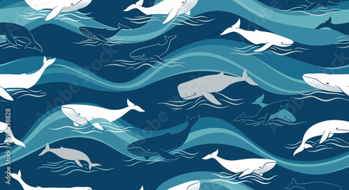 Seamless pattern of stylized whales swimming in wavy ocean blue water, a charming marine illustration