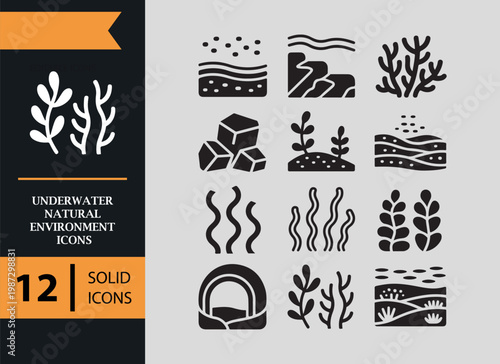 Underwater Environment Solid Icons Marine Nature Scene Set