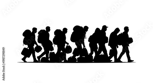 A determined group of travelers in silhouette, carrying heavy backpacks and bags, embarking on an arduous journey or migration