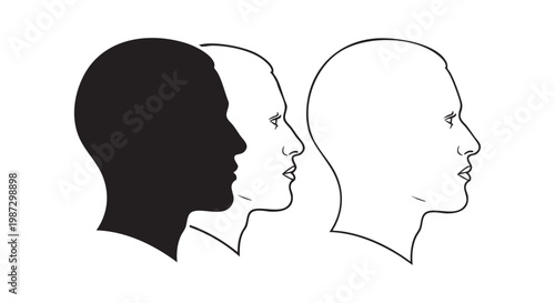 Three profile heads silhouettes, one black solid, two outlined, showing progression vector illustration.