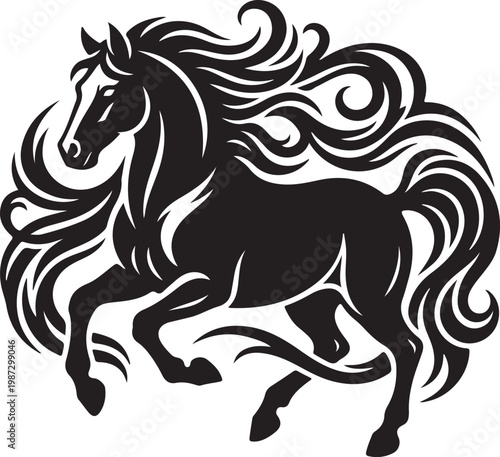 Black silhouette of a majestic horse with flowing mane and tail silhouette movement graceful majestic powerful illustration isolated strength mythical stylized