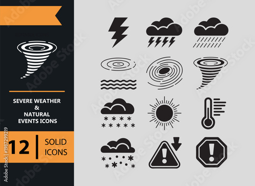Severe Weather and Natural Events Solid Storm Disaster Icon Set