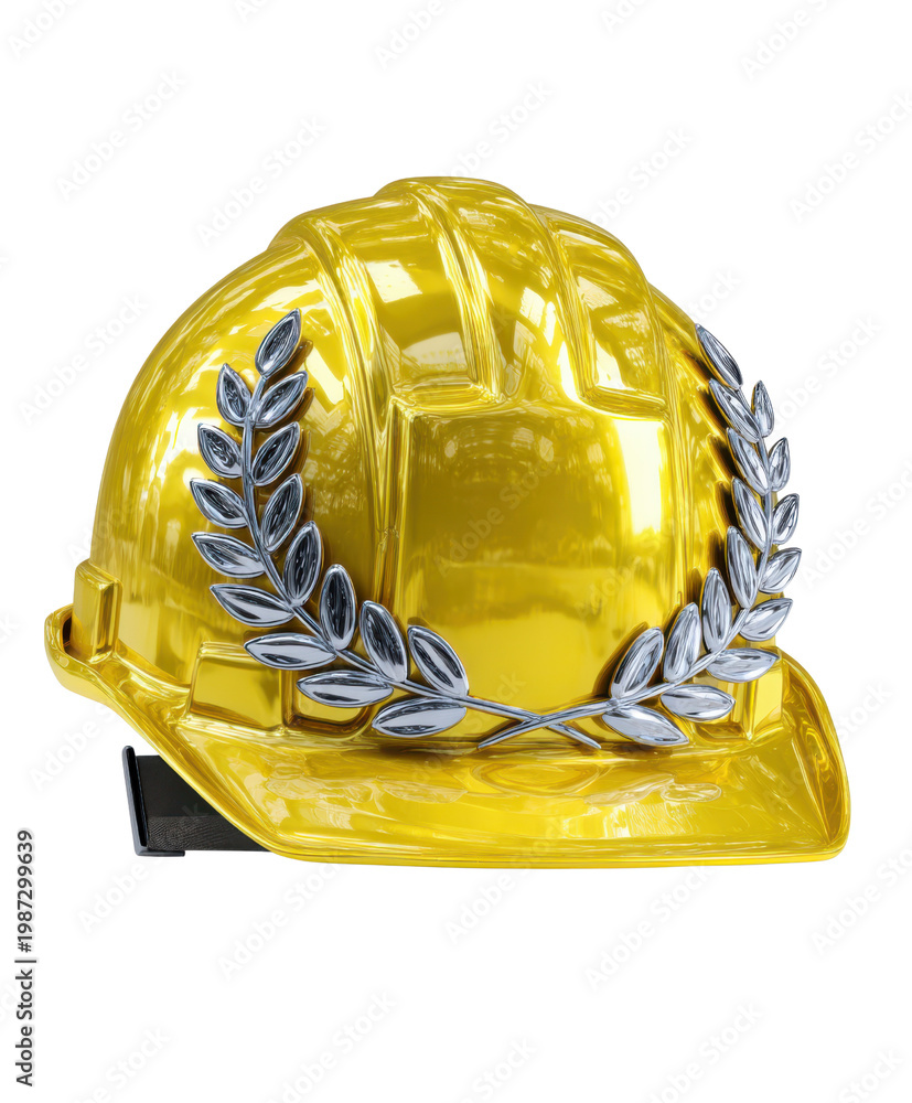 Fototapeta premium Hard hat with laurel badge on reflective yellow safety helmet symbolizing achievement and protection in construction