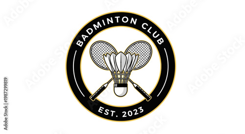 Badminton club logo with shuttlecock and rackets.