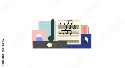 Abstract Geometric Music Illustration with Sheet Music and Colorful Minimalist Shapes