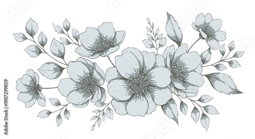 Delicate white flowers and leaves arranged in a horizontal cluster on black background Keywords: flowers, floral, white