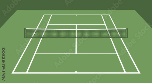 Tennis court with white lines on green surface.