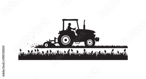 Tractor silhouette plowing agricultural field with farm worker driving machinery in rural landscape scene on white vector.