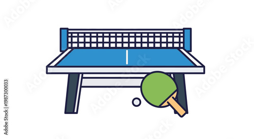 Ping pong table with racket and ball.