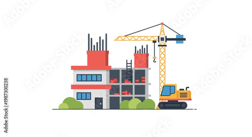 Building Construction Site Illustration with Tower Crane and Excavator in Flat Vector Style