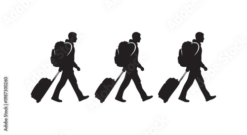 Travelers with luggage and backpacks walking, silhouette, representing journey and departure, travel concept, group of people, illustration.