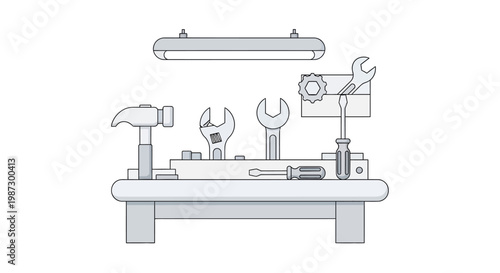Minimalist Illustration of a Workbench with Hand Tools including Hammer, Wrenches, and Screwdrivers for DIY and Repair Concepts
