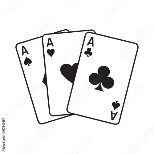 Three playing cards depicting aces of spades hearts and clubs