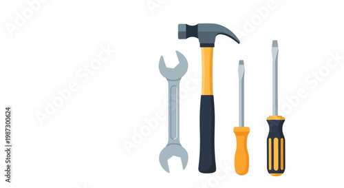 Essential Hand Tool Set with Claw Hammer, Open Wrench, and Screwdrivers Isolated on White. Professional Equipment for Construction, Home Improvement, and DIY Repair Projects.
