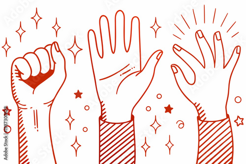 Three hands clapping with celebratory sparkles and star illustrations