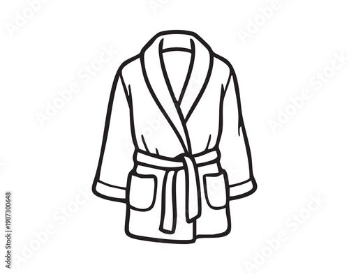 Simple black line robe illustration showing shawl collar, tied belt, patch pockets, long sleeves on white background. Minimal sketch conveys cozy home mood, product mockup for loungewear and retail,