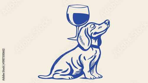 A playful illustration of a dog balancing a wine glass on its nose
