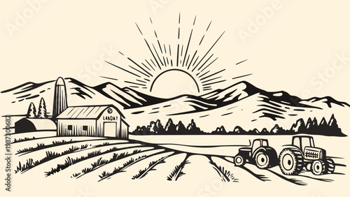 Vintage farm scene with tractor barn and mountains at sunrise