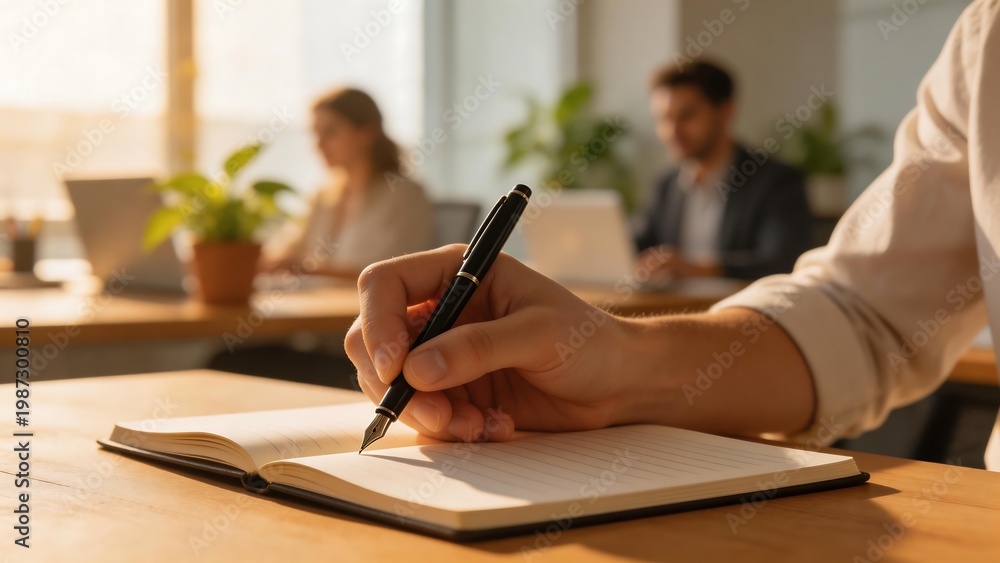 Fototapeta premium Person writing in notebook with colleagues in background