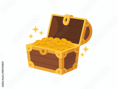 Open wooden treasure chest overflowing with shiny gold coins and sparkling stars