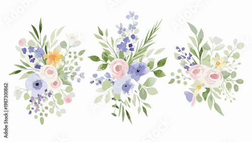 Watercolor floral arrangements displaying delicate pink purple and yellow blooms