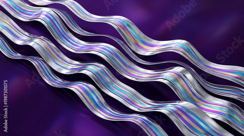Iridescent Metallic Ribbons on Purple Glossy Background – Abstract Holographic Waves