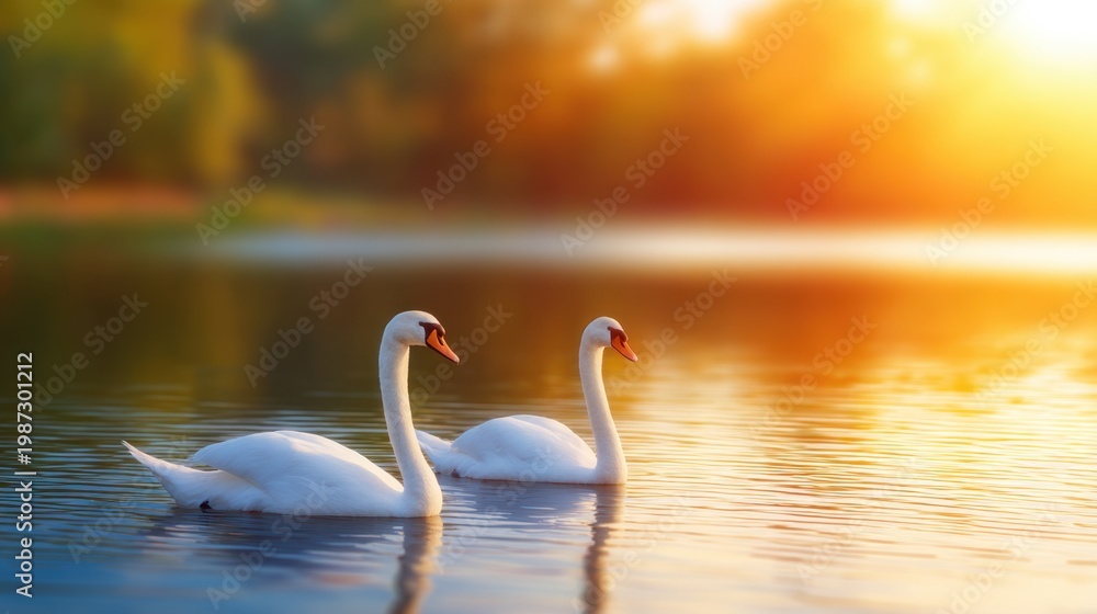 Fototapeta premium Two elegant swans gliding gracefully across a shimmering lake at sunset, surrounded by nature