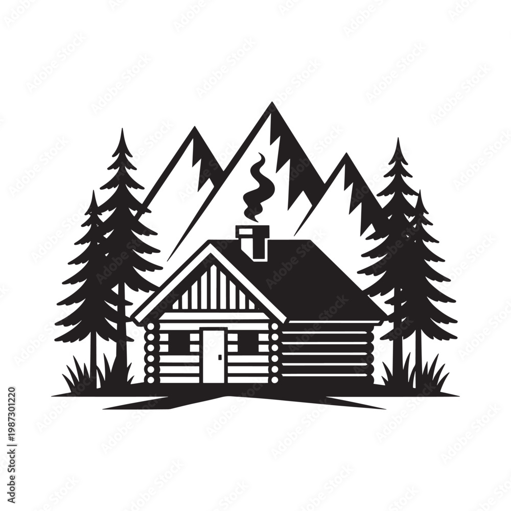 Fototapeta premium Minimalist black and white illustration of a cabin nestled amongst mountains