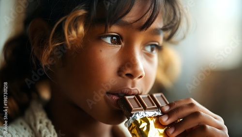 Young Girl Biting Chocolate Bar with Focus