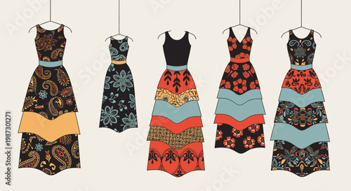 Vibrant collection of women's patterned bohemian dresses hanging on a clothing rack, fashion display, bright studio.