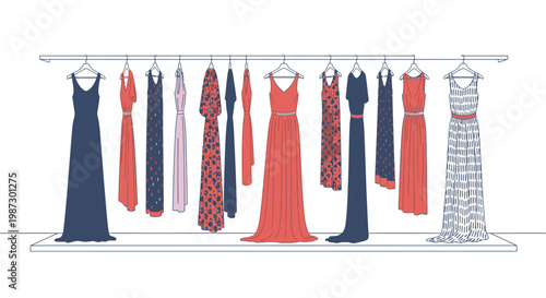Diverse collection of women's colorful dresses hanging neatly on a clothing rack, fashion boutique display, bright studio.