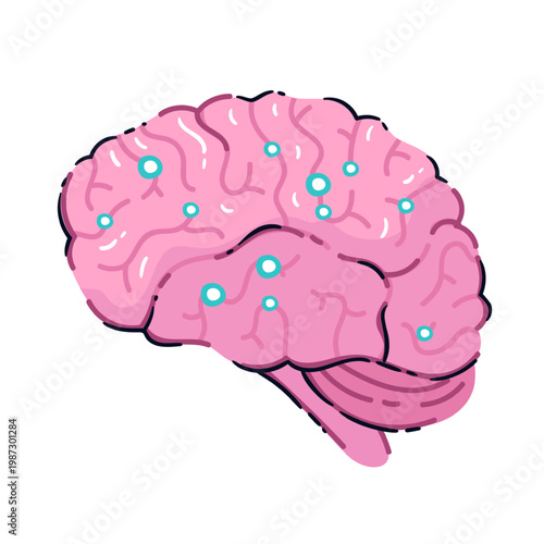Neural brain network with pink cerebral shape, cortex folds and glowing node connections. Mental health tech and AI analysis in neural brain network, cartoon vector illustration.