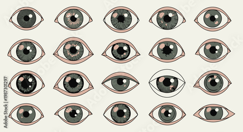 Grid of many expressive cartoon eyes with various gazes, human eyes, observation, visual perception, light background.