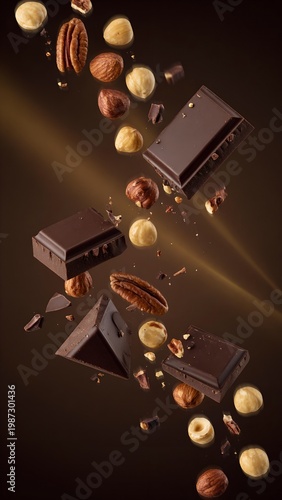 Chocolate Pieces with Nuts Flying