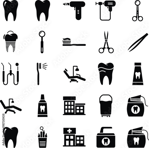 Dental tools and oral hygiene icons set in black and white