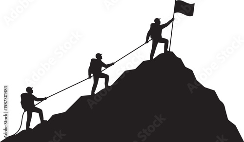 Silhouettes of climbers ascending a mountain peak pulling on a rope symbolizing teamwork and achievement climbers mountain teamwork achievement climbing adventure