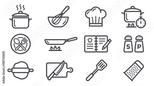 Collection of black thin line icons featuring kitchenware and cooking equipment isolated on white background, concept for culinary blog, restaurant menu and recipe mobile app interface