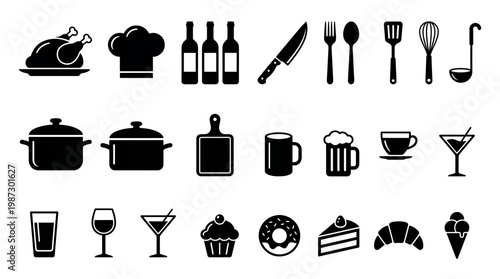 Collection of kitchen tools and restaurant food icons silhouettes set on isolated white background, concept for restaurant menu design, culinary branding and catering service promotion