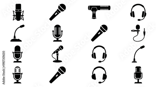 Professional microphone and headphone silhouette icons set featuring studio condenser, vintage and headset styles on white, concept for podcasting, broadcasting and digital recording