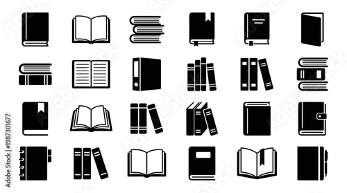 Large collection of various book and notebook flat icons in black silhouette style, concept for educational mobile application interface, online digital library and corporate documentation