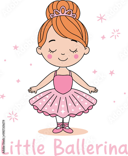 Little ballerina girl wearing pink tutu and tiara dancing with magic stars around her isolated on white background.