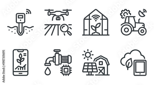 Smart agriculture line icons featuring soil sensors, drones, autonomous tractors, greenhouses and mobile farming apps, concept for agtech development, farming automation and business technology